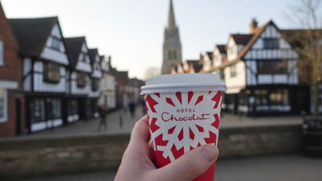 Hot Chocolat takeaway cup held up on a Stratford-upon-Avon street lined with Tudor buildings