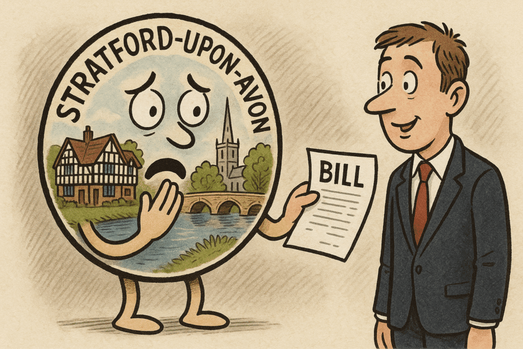 Cartoon of a worried Stratford-upon-Avon coin being handed a bill
