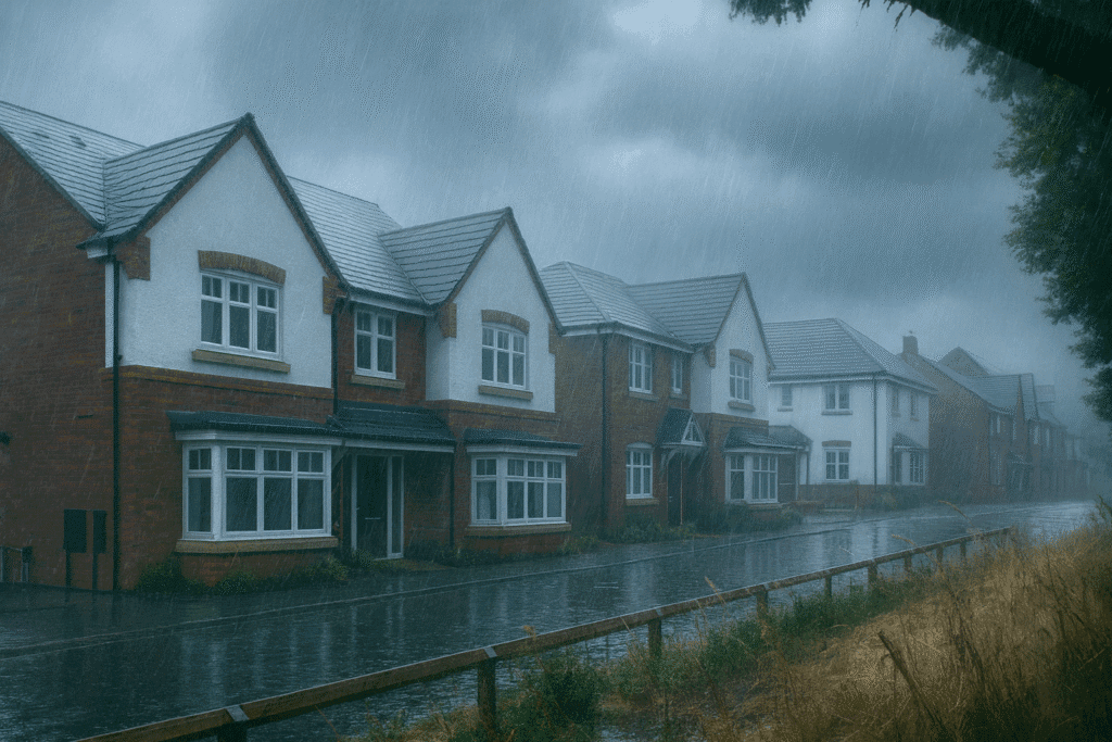Row of new-build houses on a rainy day in Stratford-upon-Avon