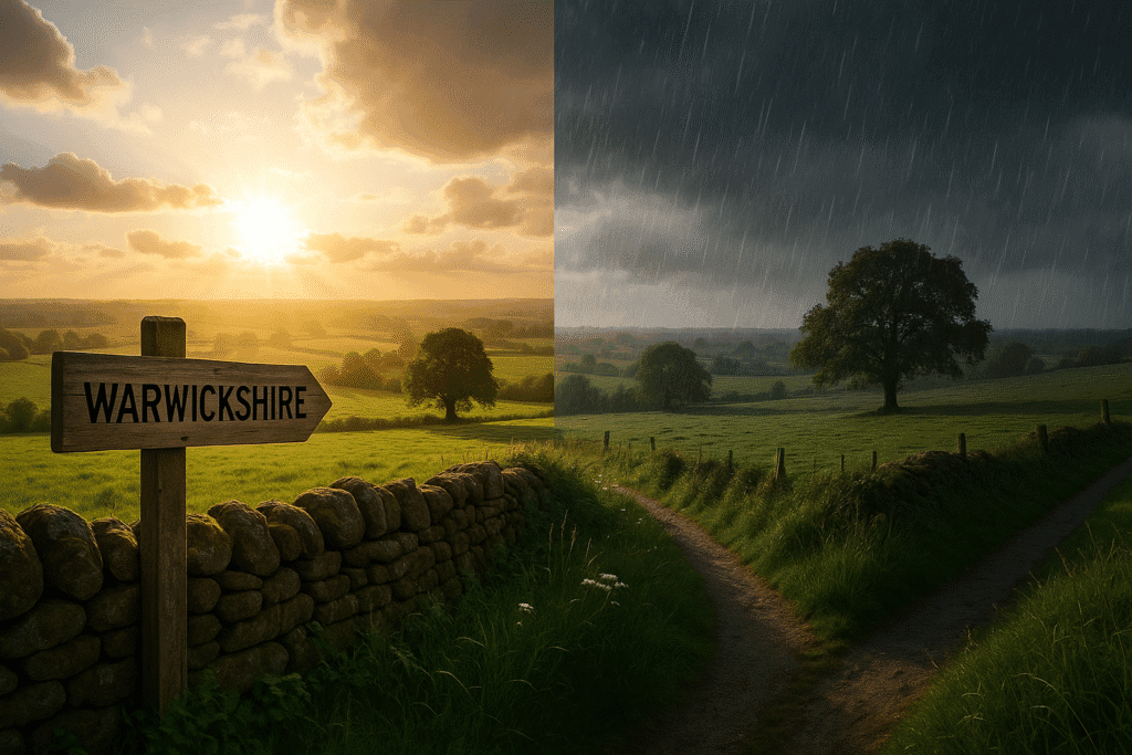 Illustration of a Warwickshire signpost with sunshine on one side and storm clouds on the other