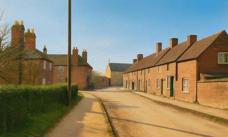 Lane of red-brick cottages in Shottery near Stratford-upon-Avon