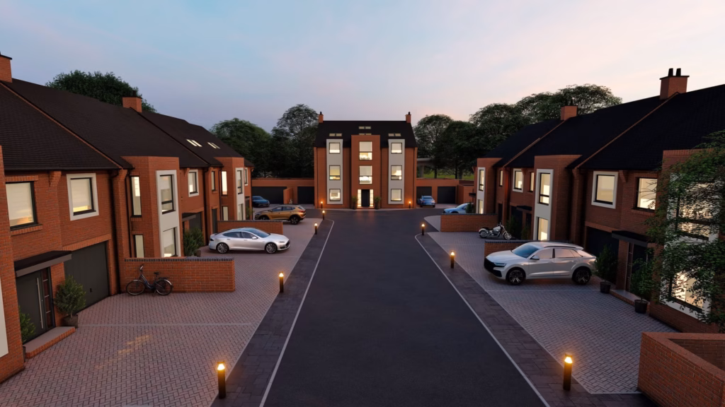 Residential street at Yeomanry Mews in Stratford-upon-Avon at dusk