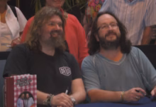 Si King and Dave Myers, the Hairy Bikers, smiling at a book signing