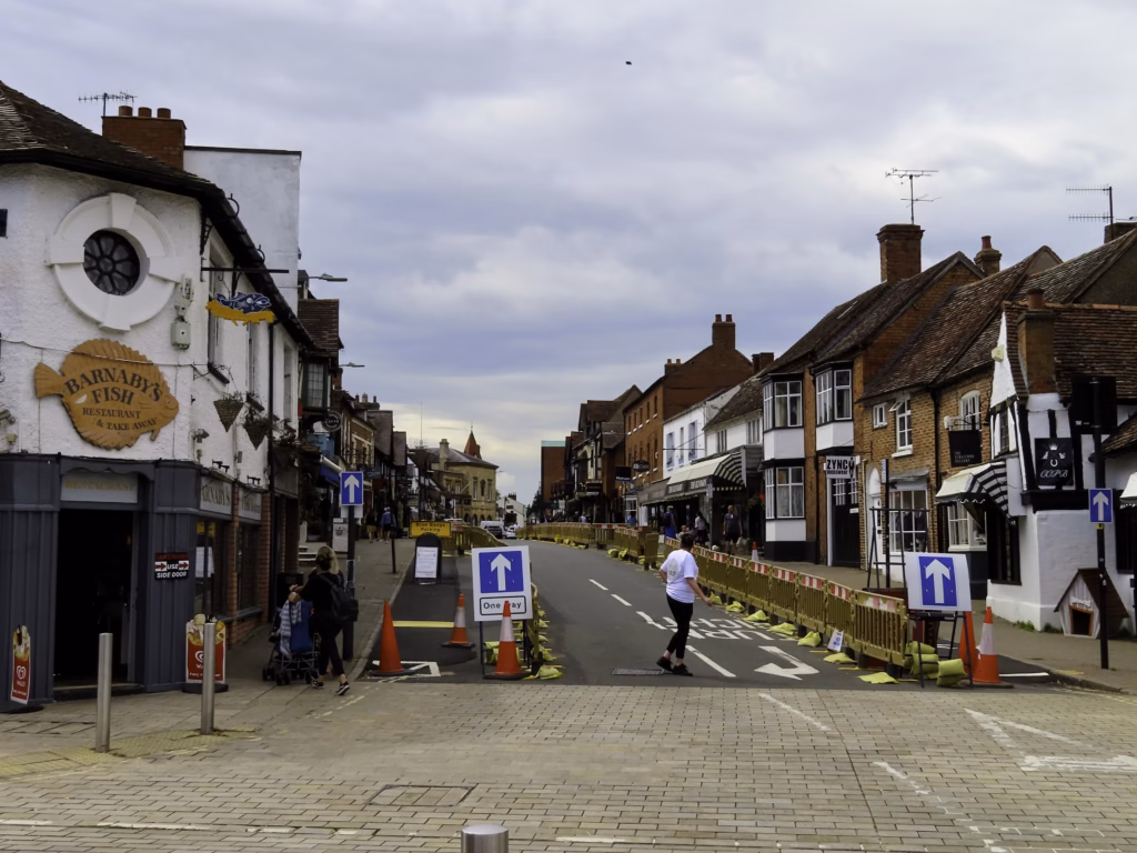 Sheep Street, Stratford-upon-Avon, seen from Waterside, with Barnaby's fish restaurant on the corner and one-way signs