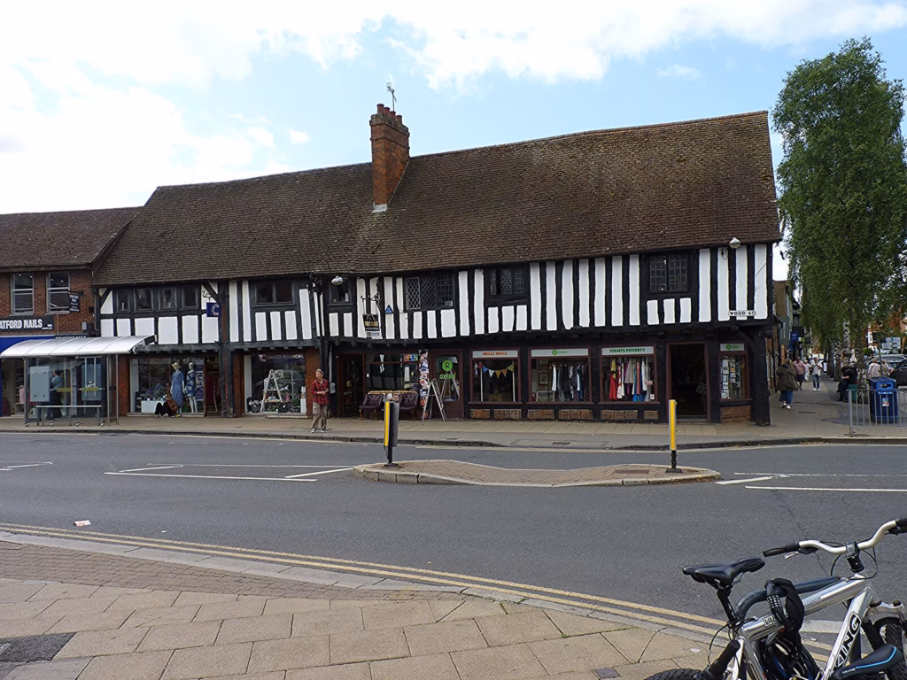 Shops along Wood Street in Stratford-upon-Avon town centre